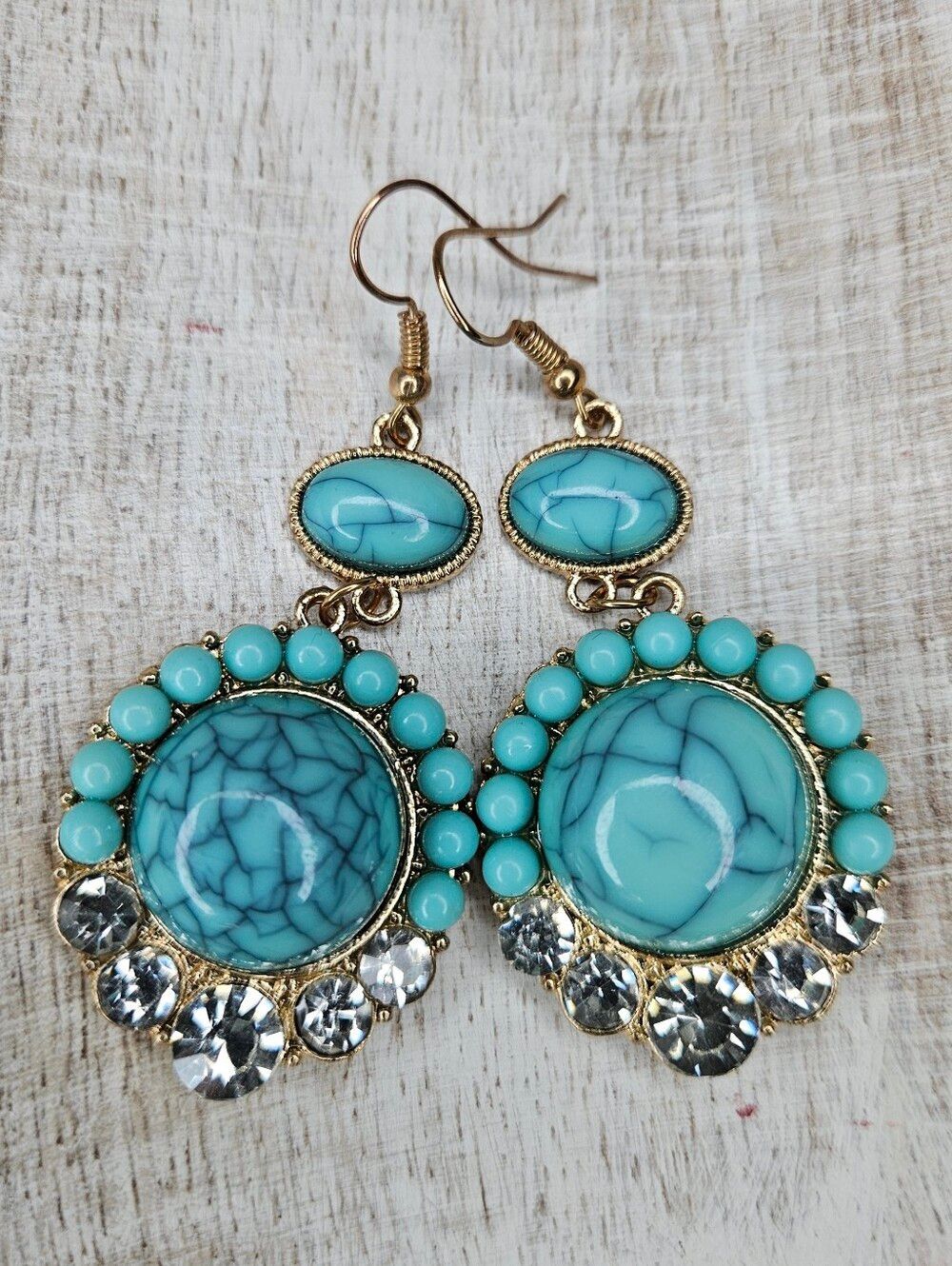 Boho Gold Faux Turquoise Statement Earrings Dangle Rhinestone Southwestern EUC
